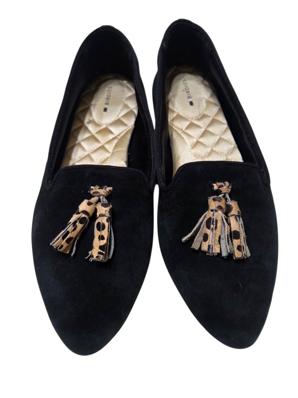 Birdies The Blackbird Black Suede Leopard Tassel Smoking Slipper Flats Womens 10